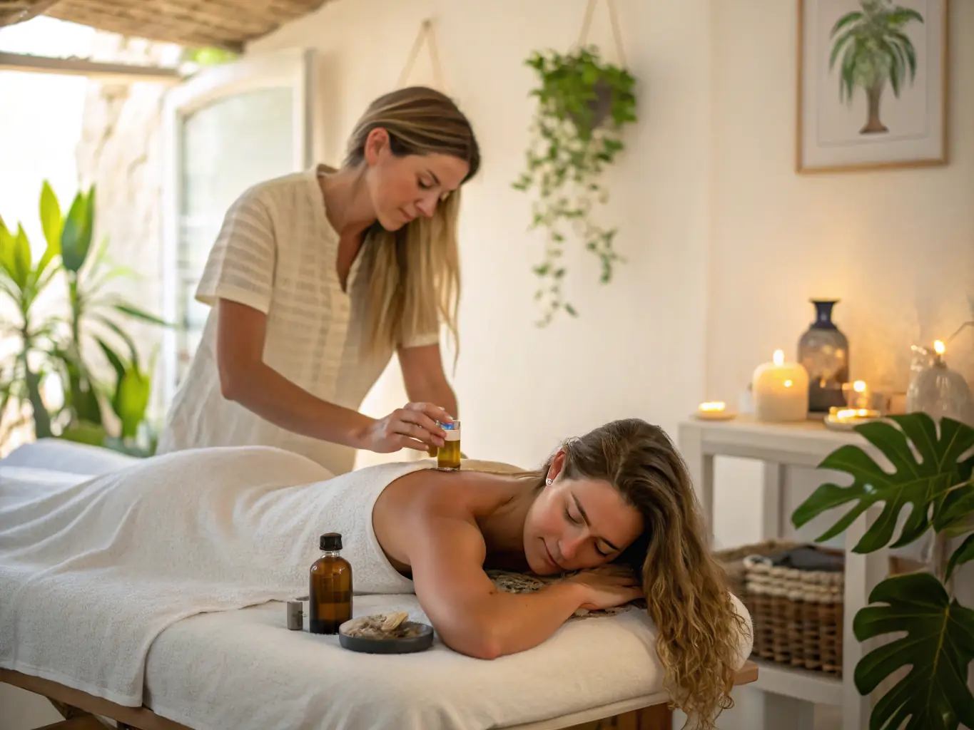 A serene image of a practitioner gently adjusting a client's spine in a calming, natural light-filled room at Vera Bloom, emphasizing relaxation and professional care.